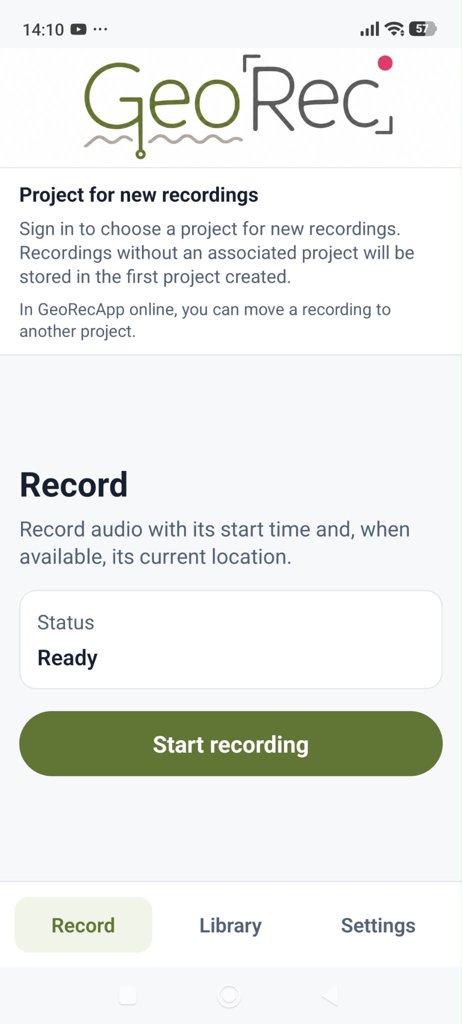 GeoRec Android app recording screen
