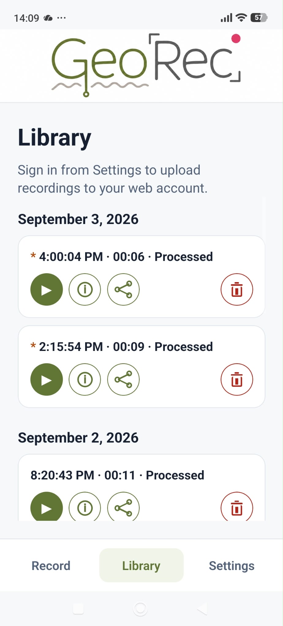GeoRec voice-note library in light mode