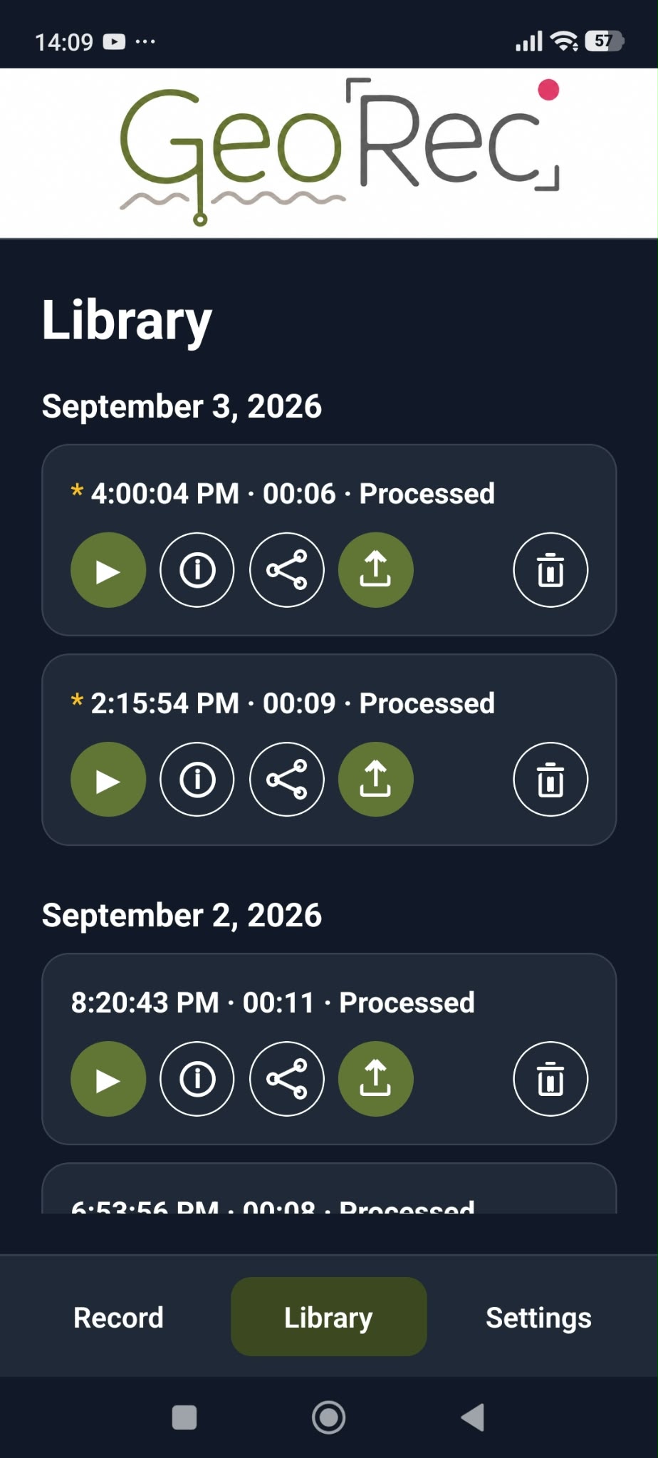 GeoRec voice-note library in dark mode