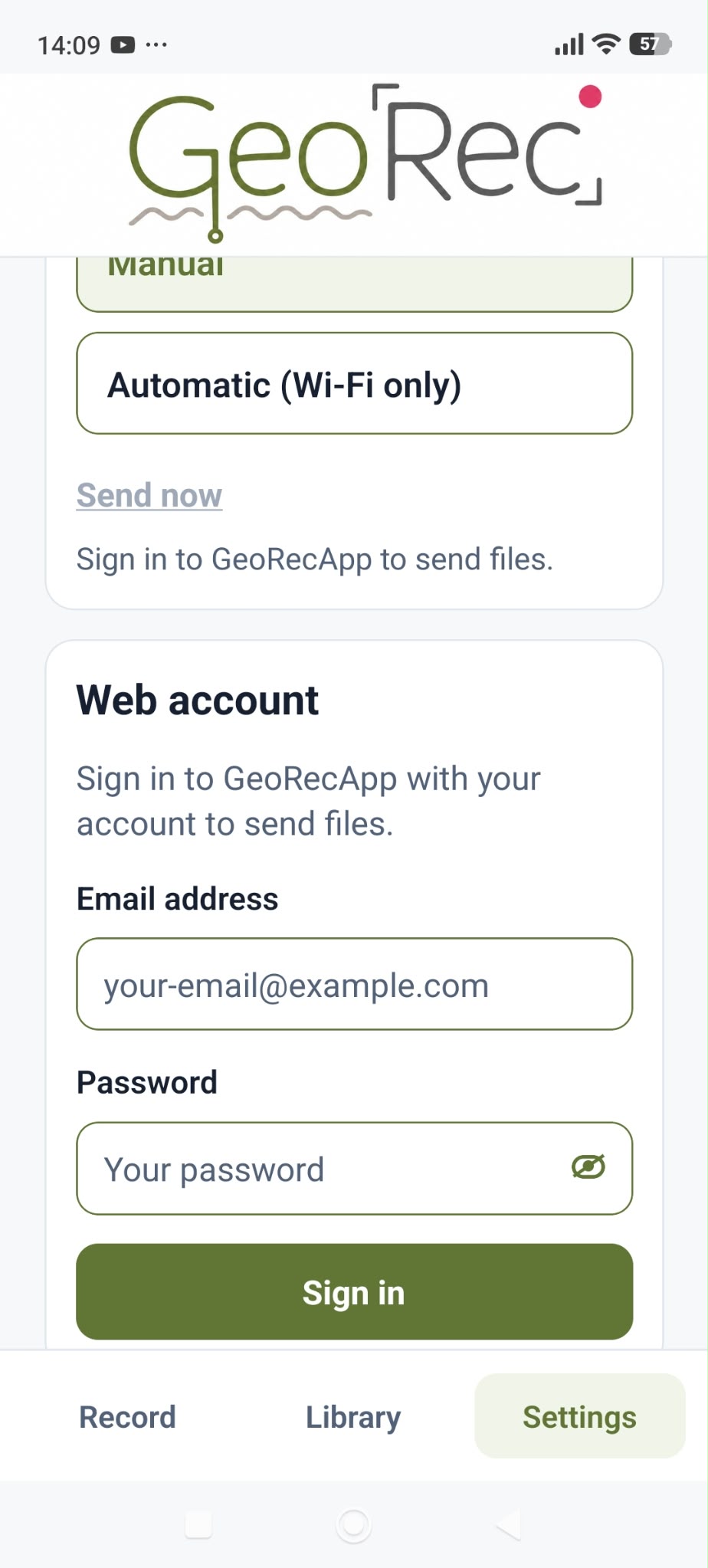 GeoRecApp file upload settings in light mode