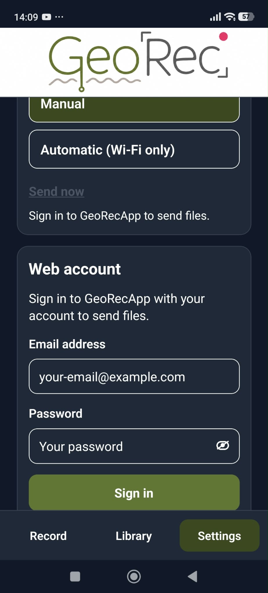 GeoRecApp file upload settings in dark mode