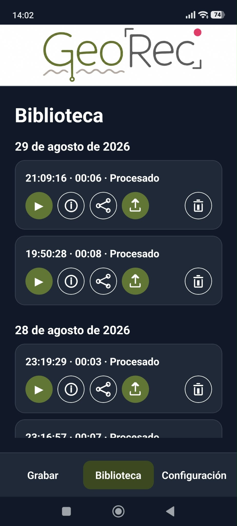 Biblioteca de notas de voz de GeoRec en modo oscuro
