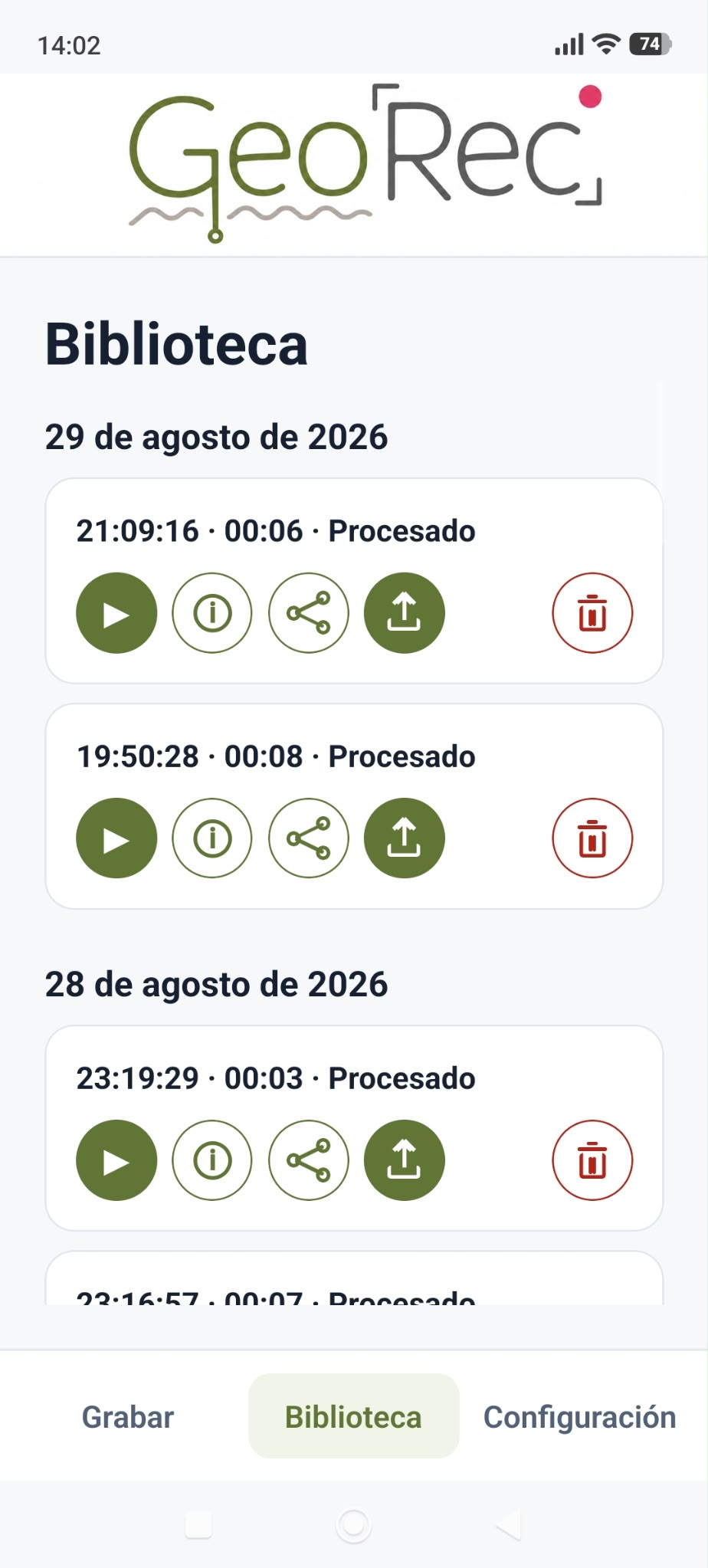 Biblioteca de notas de voz de GeoRec en modo claro
