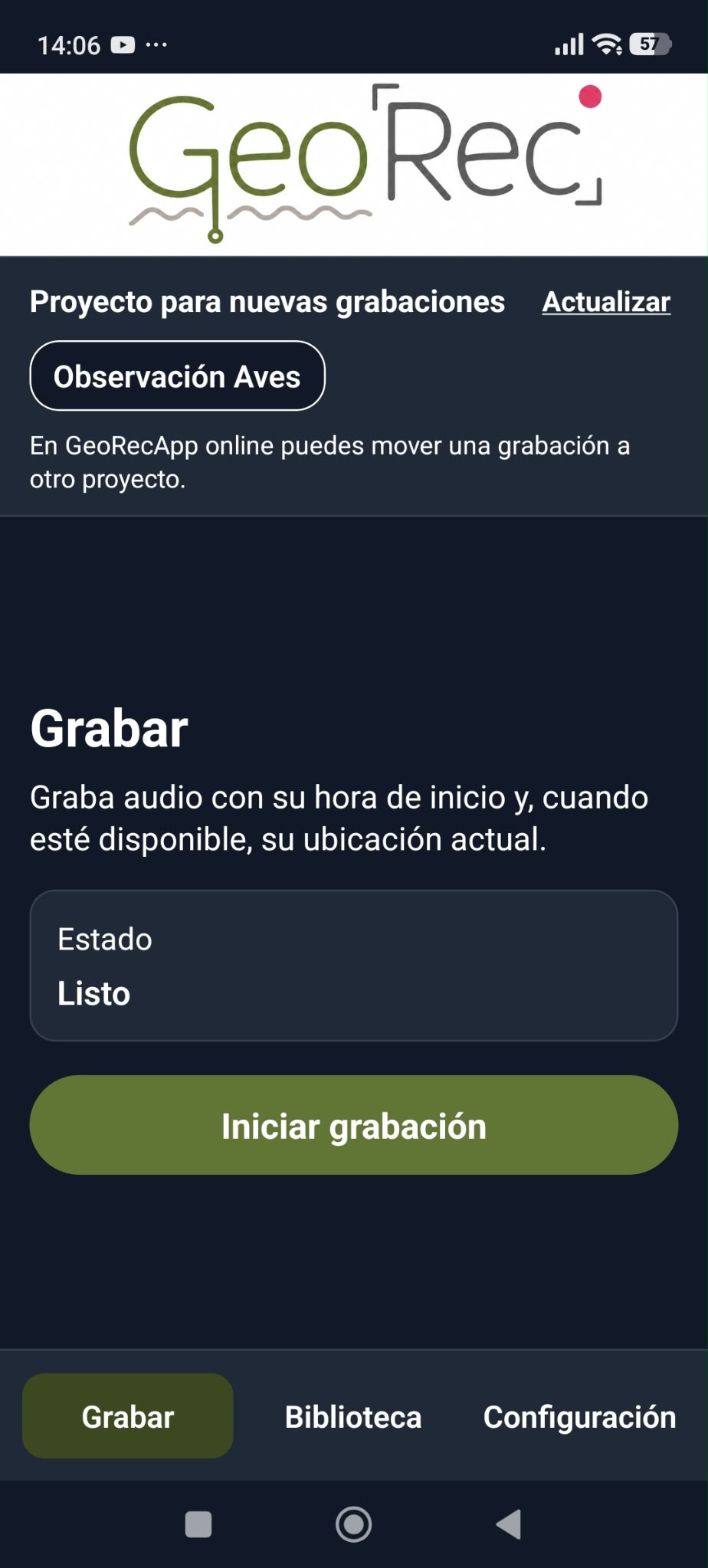 Pantalla de grabación de la app Android GeoRec