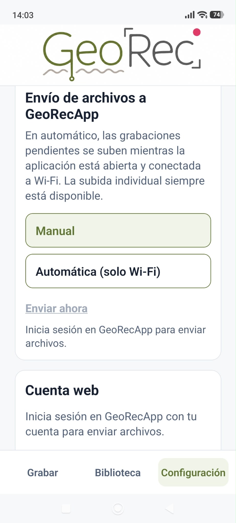 Configuración del envío de archivos a GeoRecApp en modo claro