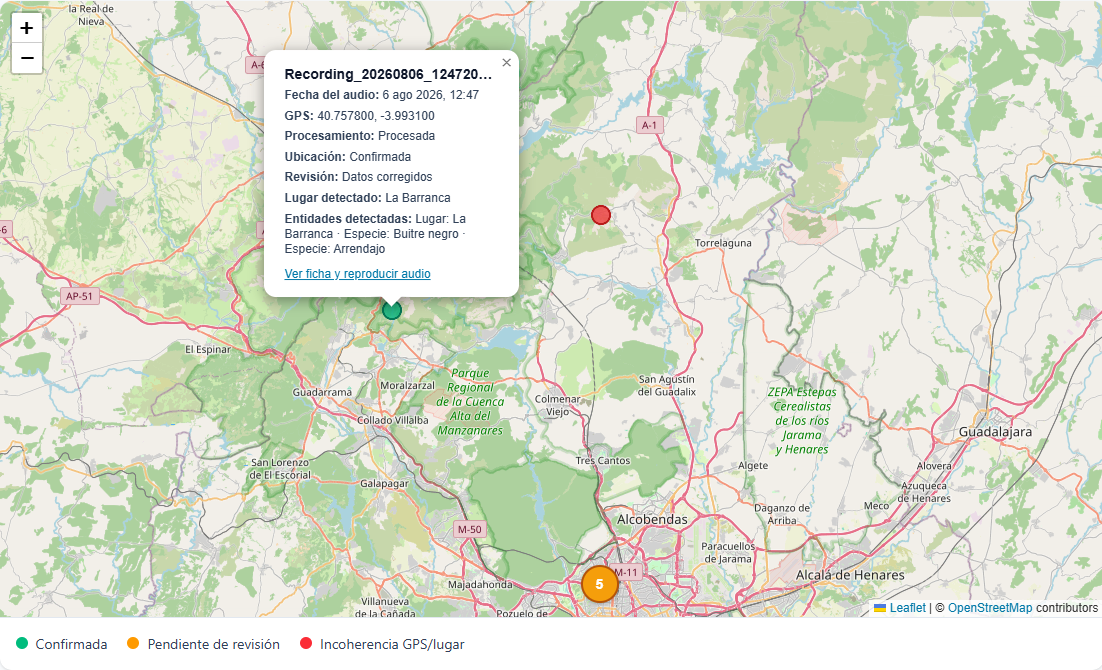 Mapa de GeoRec con notas de voz geoposicionadas