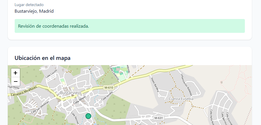 Detalle de GeoRec con una ubicación revisada en el mapa